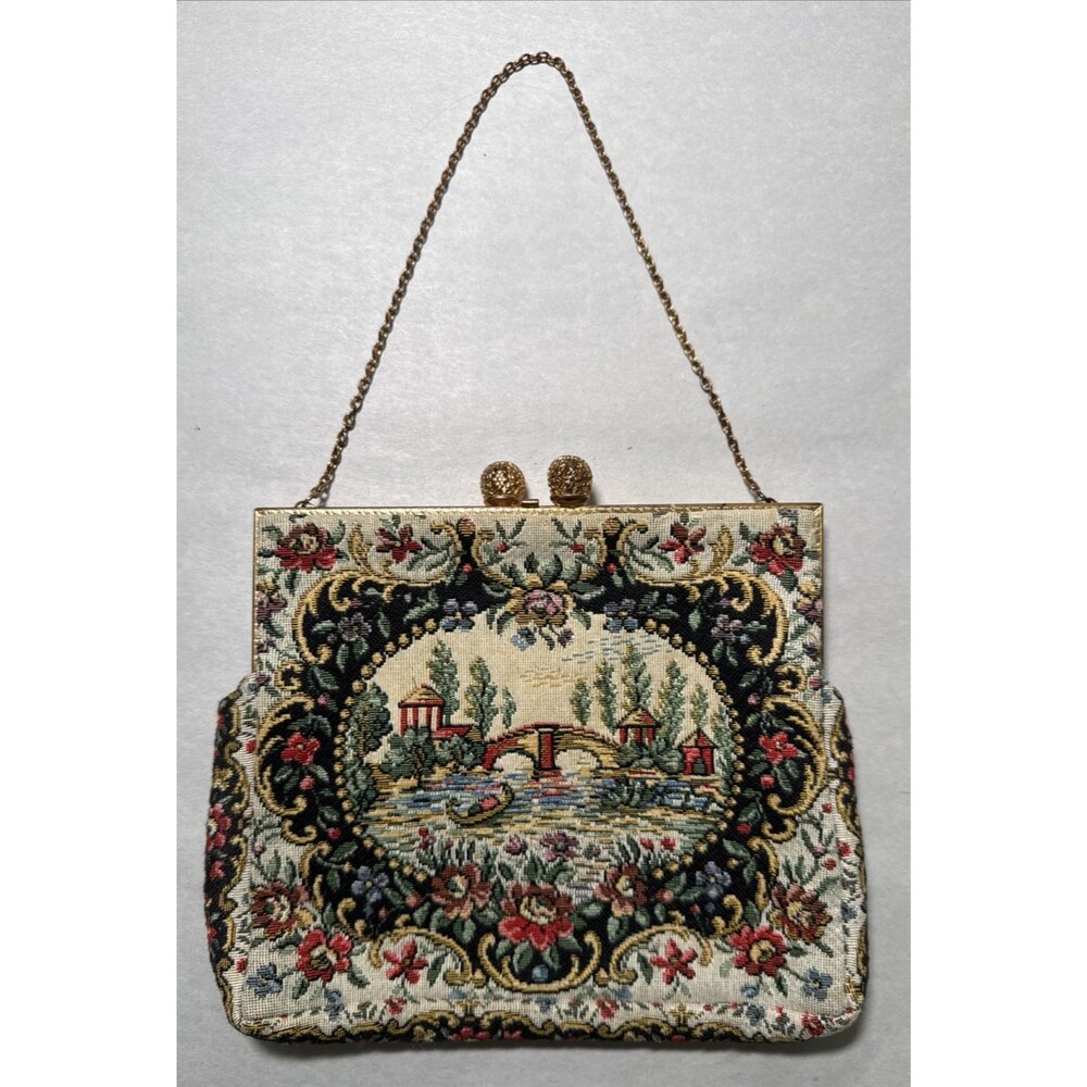 Vtg French Walborg Tapestry Ornate Kisslock Purse Handbag 7x6 Gondola Bridge